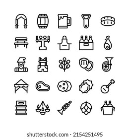 Line Icons Including Braid, Barrel, Beer, Bottle, Bread, Bench, Apron, Ham, Gnome, Lederhosen, Leaf, Hazelnut, Tuba, Tent, Meat, Cookie, Cap, Banjo, Keg, Chandelier, Clarinet, Hop, Bucket 