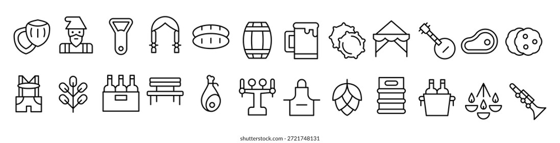 Iconos de línea que incluyen el pan de botella de cerveza de barril de trenza 