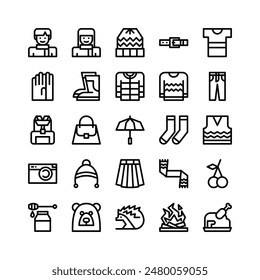 Line Icons Including Man, Women, Beanie, Belt, Shirt, Gloves, Rain Boots, Coat, Sweater, Trousers, Backpack, Handbag, Umbrella, Socks, Vest, Camera, Winter, Skirt, Scarf, Cherry, Honey, Bear, Etc