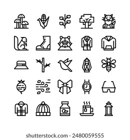 Line Icons Including Mushroom, Corn, Leaf, Tree, Fox, Squirrel, Boot, Racoon, Trench Coat, Hoodie, Hat, Branch, Bird, Oil Lamp, Bee, Beetroot, Wind, Bow, Wristwatch, Glasses, Raincoat, Wool Hat, Etc