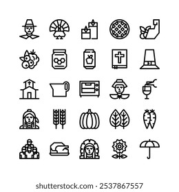 Line Icons Including Pilgrim, Turkey, Candles, Pie, Cornucopia, Berries, Honey, Cider, Bible, Pilgrim Hat, Church, Gravy, Oven, Wine, Native America, Wheat, Pumpkin, Leaf, Carrot, Etc.