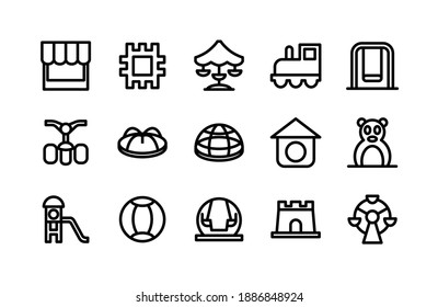 Line Icons Including Shop, Puzzle, Carousel, Train, Swing, Bicycle, Carousel, Dome, Bird House, Gate, Slide, Ball, Swing, Castle, Carousel 