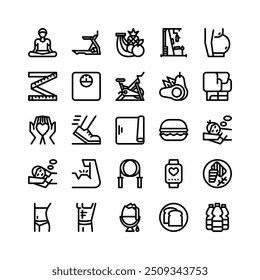 Line Icons Including Yoga, Treadmill, Fruits, Gym, Fat, Measuring Tape, Weight Scale, Exercise Bike, Avocado, Gloves, Heart, Running, Mat, Burger, Sleep, Strong, Jump Rope, Smartwatch, Steak, Etc.