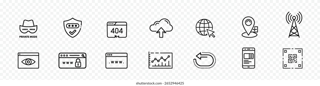 Line icons for internet security, website login, and online privacy including cloud upload, 404 error, and web tracking