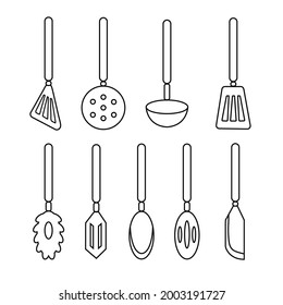 Line icons isolated vector set of kitchen utensils on a background. Kitchenware: slotted solid turners, flex spatula, pasta server, serving spoon, peeler, deep ladle, slotted spoon, handheld strainer.