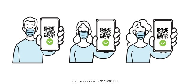 Line icons isolated vector set. Man and woman wearing surgical face mask, holding smartphone with qr code on screen. Digital sanitaty pass check, eu green pass, vaccine passport, health pass.