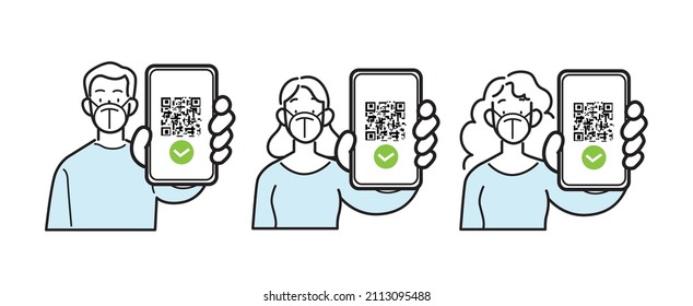 Line icons isolated vector set. Man and woman wearing ffp2 kn95 face mask, holding smartphone with qr code on screen. Digital sanitaty pass check, eu green pass, vaccine passport, health pass.