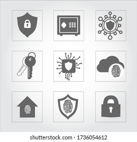 Line icons of key, safe, house, lock, shield, net. Web label of authentication technology. Vector logo and home protection. 