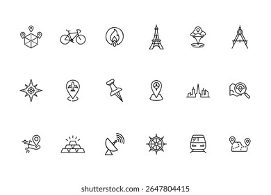 Ícones de linha de símbolos de localização, incluindo Eiffel Tower mapa de bicicleta barras de ouro prato de satélite trem