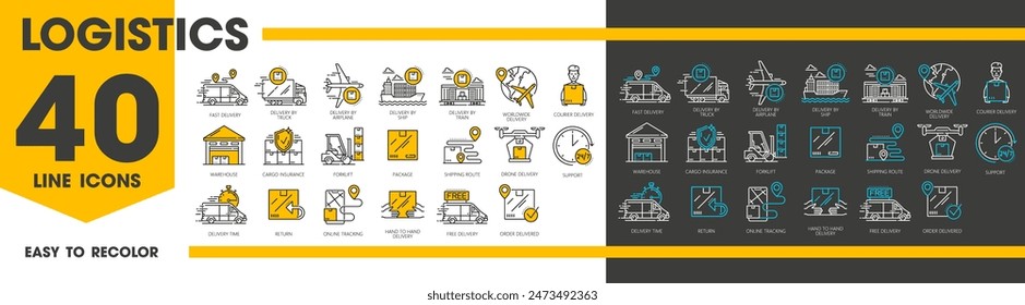 Linien-Icons der Logistik. Lieferkette, Auslieferung und Lagerung, Frachtdienst Transport Vektorgrafik Symbole mit Gliederungswagen, Schiff, Flugzeug und Zug, Lieferboxen und Pakete, Lager und Kurier