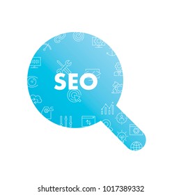 Line icons in magnifier shape. Seo pack. Vector illustration for internet page development 