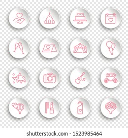 Line icons of marriage on the round white stickers with transparent shadow