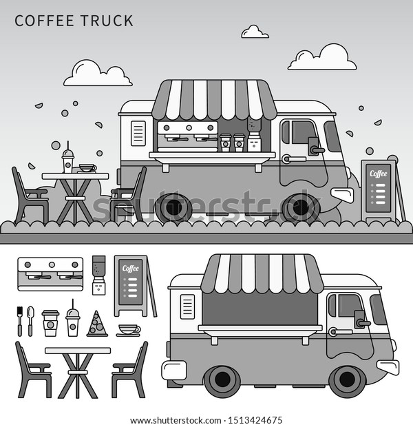 Line\
icons monochrome design of coffee truck in the city on the street.\
Violet retro truck with hot beverages, car, table, beverages, cups,\
pizza, menu and coffee machine isolated on\
white