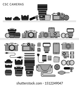 Line icons monochrome design of different photo tools lying on the shelves. Cameras and different photo devices, cameras, lens, cables, video camera isolated on white