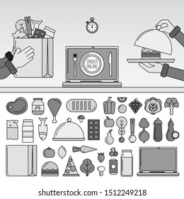 Line icons monochrome design of different food. Icons for order food online apps, meat, fish, vegetables, fruits, fast food, cheese isolated on white