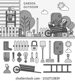 Line icons monochrome design of the garden outdoor in the village. Garden with household equipments in sunny days, spade, rake, vegetables and other tools isolated on white