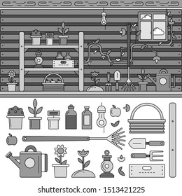 Line icons monochrome design of the garden equipment. Household tools for gardening in the shed, watering-can, plants, hook and pots isolated on white