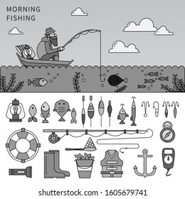 Line icons monochrome design of man fishing. Young man sits in the boat fishing in the morning, Fishing tackles, fishhooks, rods, minnows and other equipment isolated on white