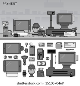 Line icons monochrome design of payment methods. Icons for different ways of payment standing on the table. Modern payment equipment, cash, coins, computer, wallet, credit cards isolated on white