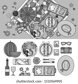 Line icons monochrome design of the picnic in the park. Picnic equipment and products on the green lawn, products, dishes, food and camera isolated on white