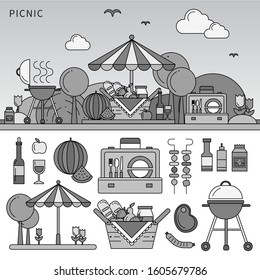 Line icons monochrome design of the picnic in the forest. Picnic equipment and products on the green lawn, barbecue, products, dishes, food isolated on white background