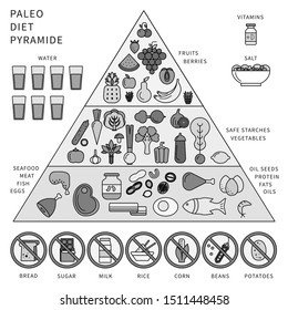 Line icons monochrome design of the pyramid of paleo diet. Recommendations for healthy nutrition, icons of products in three levels, fats, oils, seafood, meat, water, vegetables and fruits