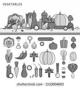 Line icons monochrome design of the vegetables on the shelf. Healthy eating concept. Set of fresh vegetables, full of vitamins vegetables isolated on white