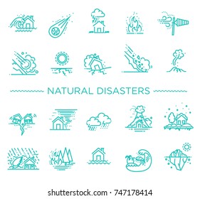 ícones de linha para desastre natural contém ícones como terremoto terra, inundação, tsunami