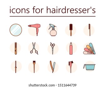 Line icons on the hairdresser's theme. Collection of hairdresser tool icons - scissors, razor, sprayer, dryer, hairbrush isolated on white background.
