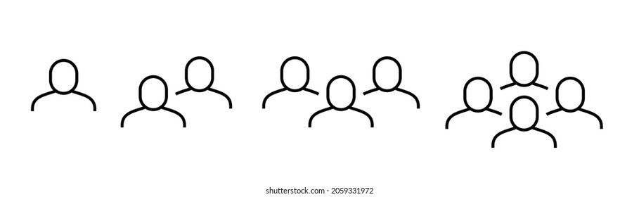 Line icons people. Business people groups outline pictogram. Black line heads and shoulders. Communication and teamwork. Single person, couple and group together, social organization vector set