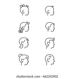 Line icons of people heads in different ages\ There are babies, girl and boy, man and woman, grandmother and grandfather
