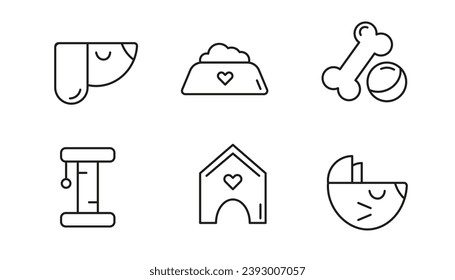 Line icons of pets, toys and veterinary equipment