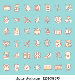 Line icons with power generation and accumulation  symbols