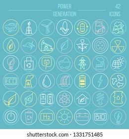 Line icons with power generation and accumulation  symbols