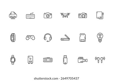 Line icons printer keyboard camera drone smart watch speaker alarm clock U S B drive other technology devices