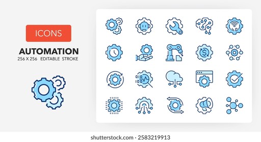 Line icons process automation conceps. Contains such icons as workflow, integration, engineering and more. 256x256 Pixel Perfect editable in two colors