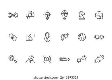 Line icons of puzzles light bulbs chess piece clock gender symbols globe infinity lock more
