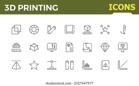 Line icons related to 3d print, modelling, 3D scanner. Additive manufacturing, prototyping minimal icon collection. Editable stroke. Vector illustration