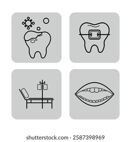 Line icons related to dental health. Tooth, dental brace, treatment chair, and mouth. Oral care concept