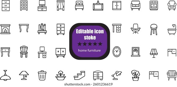 line icons related to home furniture, appiliance, decoration. Editable stroke