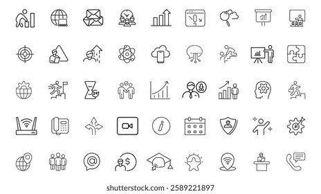  line icons related to training, coaching, mentoring, education, meeting, conference, teamwork. Outline icon collection. Editable stroke. Vector illustration
