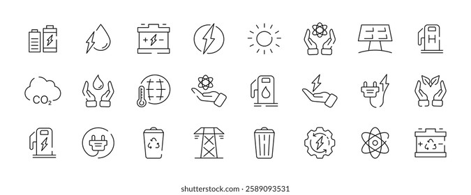 Line icons of renewable energy and sustainability concepts. Linear vector