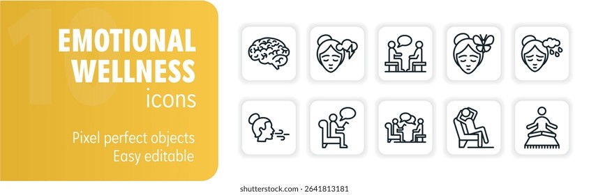 Line icons representing different aspects of emotional wellness, including meditation, therapy, and self-care