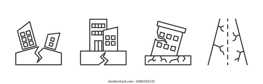 Line Icons Representing Earthquake Impacts. Vector Signs Set Includes Cracked Buildings, Damaged Infrastructure