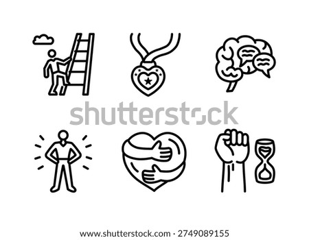 Line Icons representing self confidence, personal empowerment, and emotional growth. The set includes confidence ladder symbolizing progress, self worth medal, inner voice and self reflection, confident posture, self love concept, and empowerment with time and resilience.