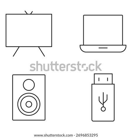 Line icons representing technology and audio equipment: monitor, laptop, speaker, and USB flash drive.