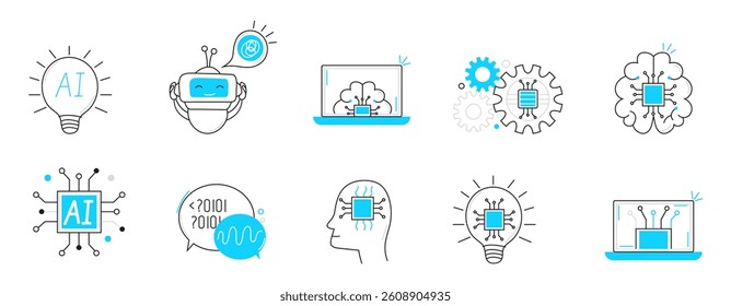 Line icons representing various aspects of artificial intelligence AI, including cybernetics, machine learning, robotics, AI problem-solving, algorithms, and AI technology concepts. A prominent icon