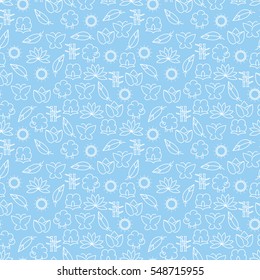 Line icons seamless pattern vector. Blue line sheep lily clouds leaves etc