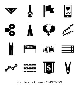 Line Icons Set. Set Of 16 Line Filled Icons Such As Cravat, Jumpsuit, Heartbeat On Phone, Champagne Bottle With Heart, Guitar Strings, Line Graph, Cloth Pin, Photos On Rope