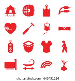 Line icons set. set of 16 line filled icons such as onion, level ruler, curly hair, shirt, pot for plants, drop counter, heartbeat, medical hammer, earphone wire
